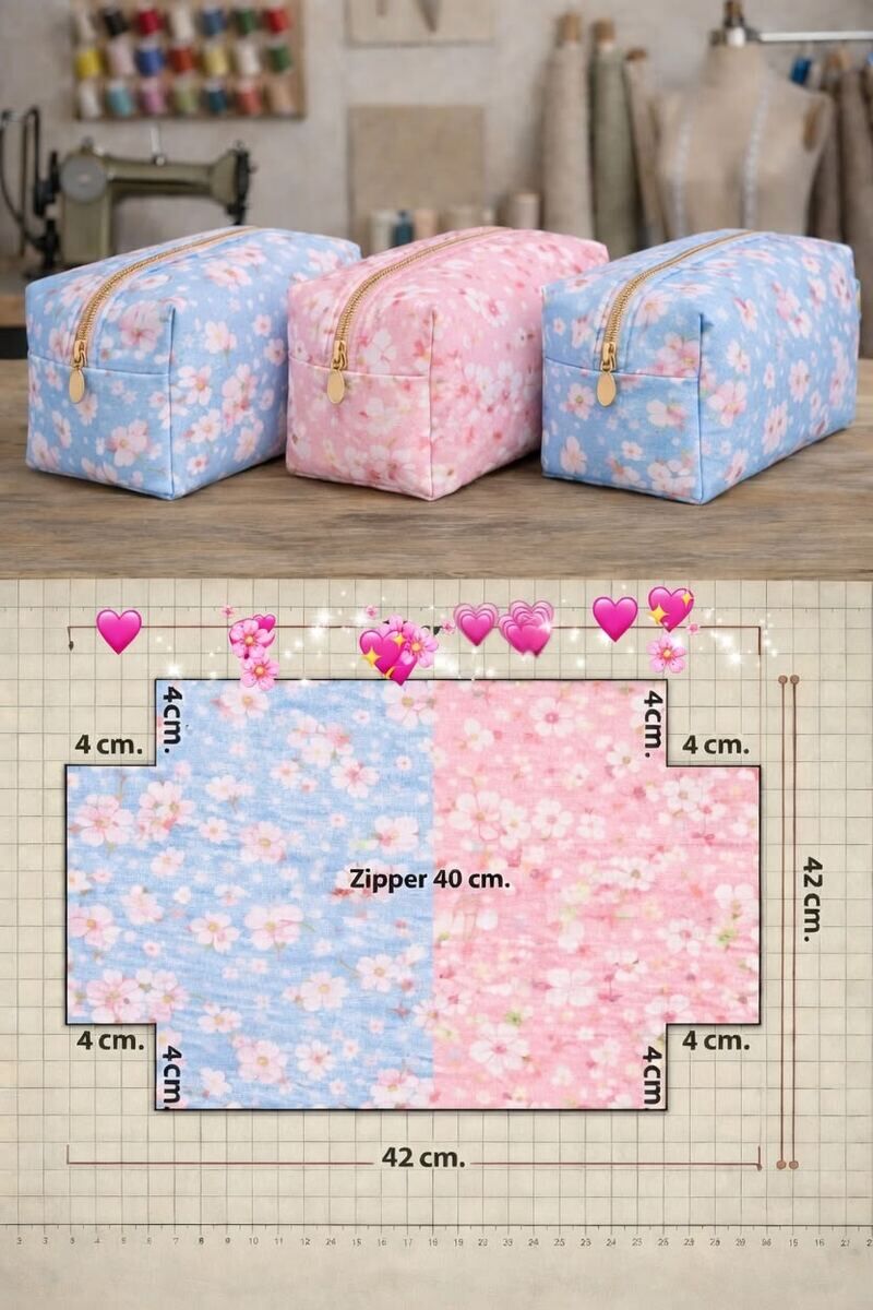 Necessaires box em tecido floral azul e rosa
