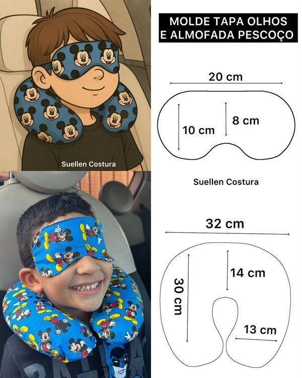 Almofada de pescoço e tapa-olhos com molde