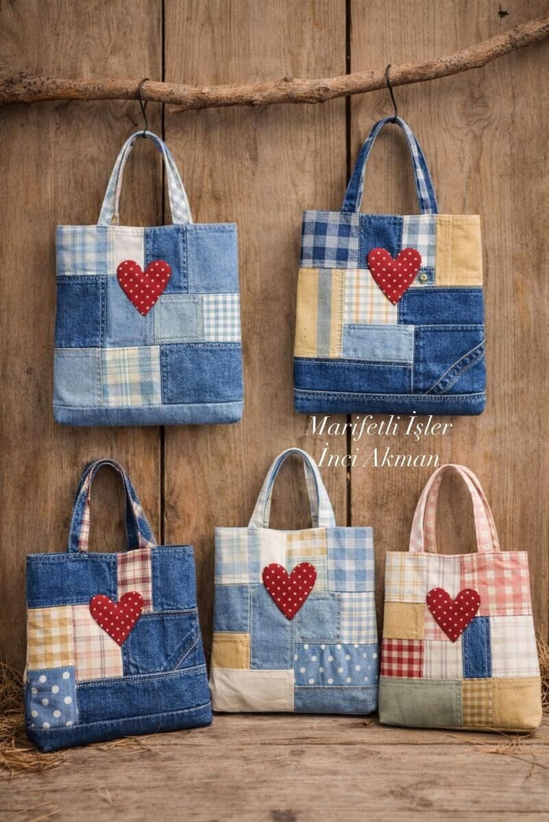 Sacolas em patchwork de jeans com coração