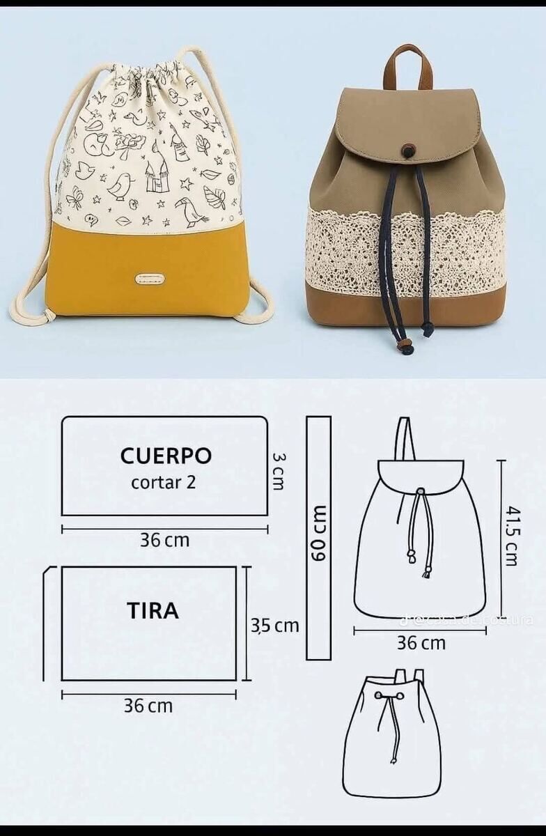 Mochila saco e mochila com renda